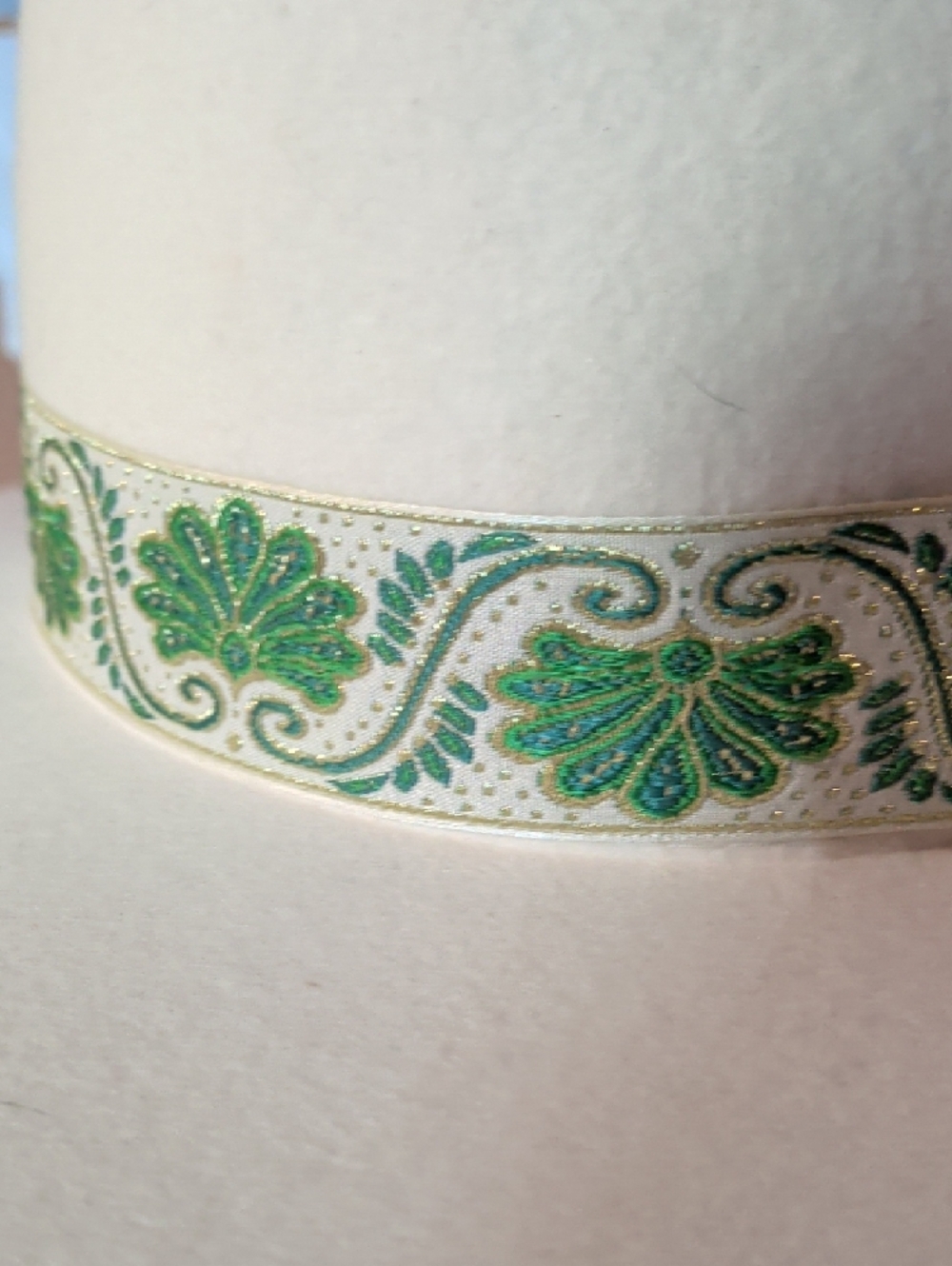 Off White Felt Wide Brim Hat with Green and Gold Embroidered Band - Picture 3 of 6